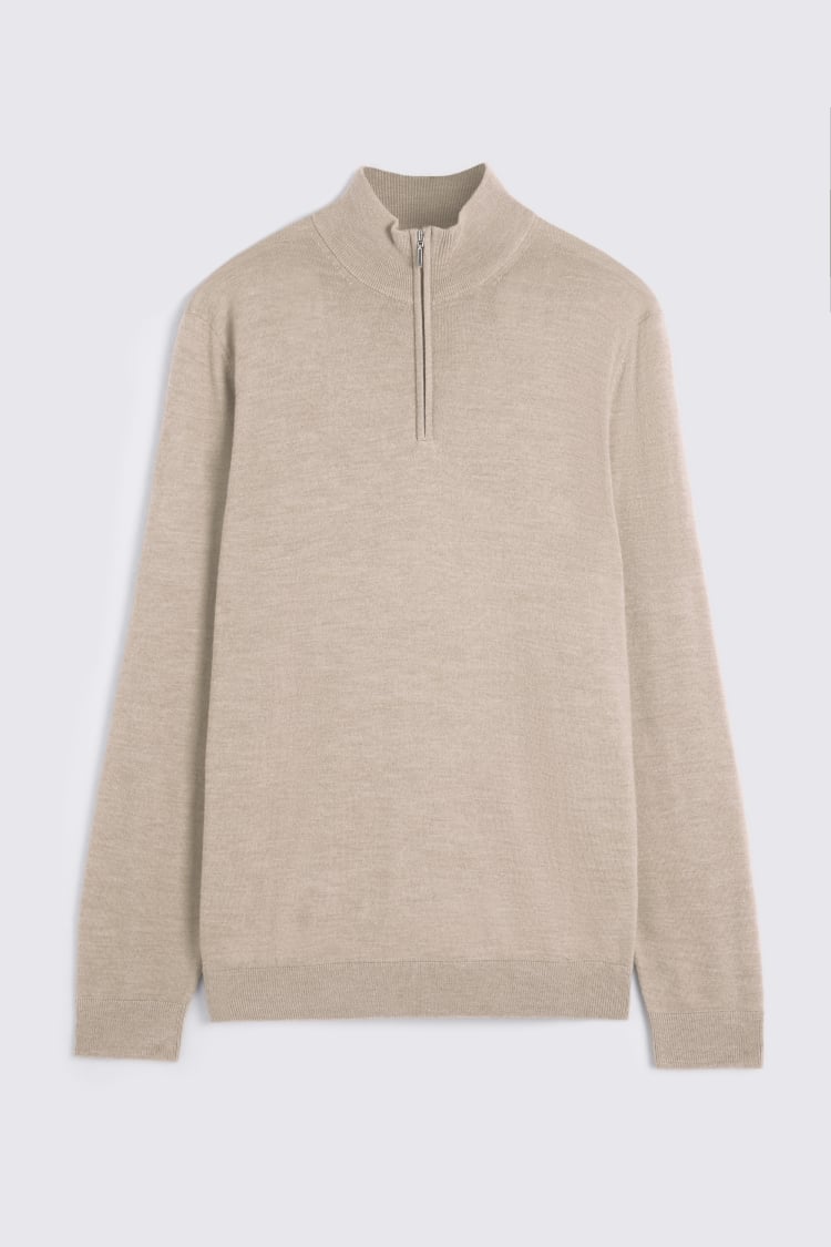 Taupe Melange Merino- Blend Zip-Neck Jumper